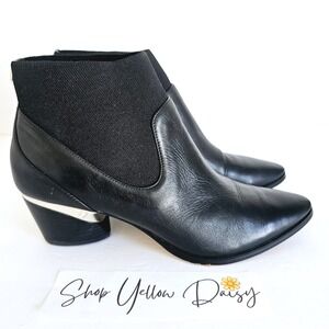 DKNY Leather Ankle Boots Slip On Black Silver Accent Block HeelSz 7.5/8  Sh641.2